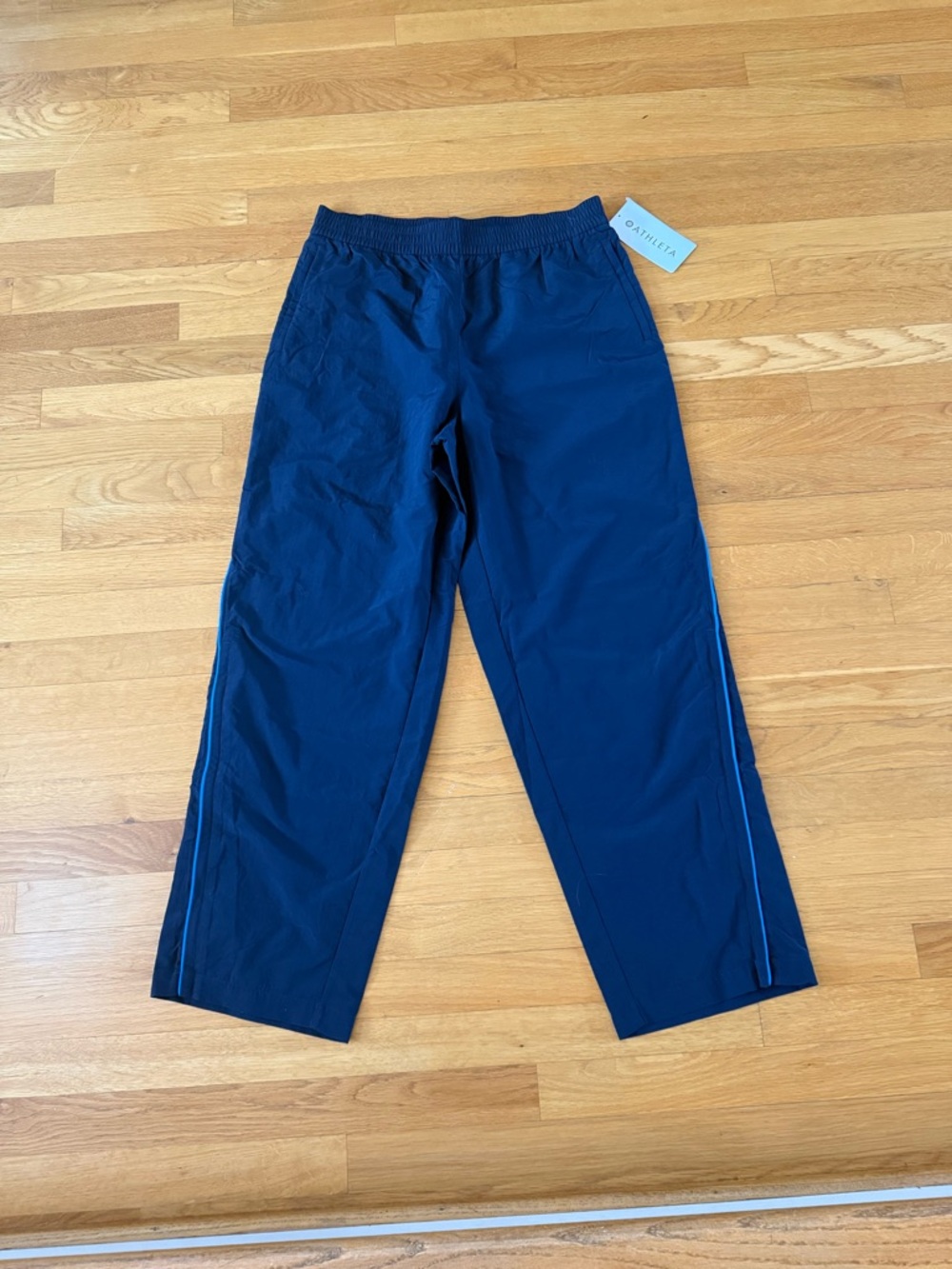 Athleta New On The Move Navy Wide-Leg Active Track Pants with Side Stripe